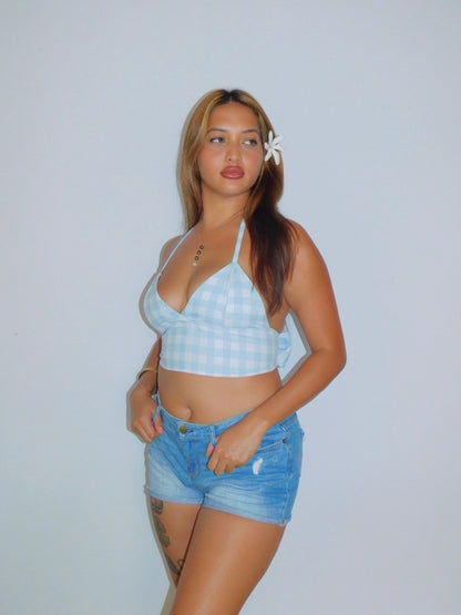 Baby Blue Tie-Back Palaka Halter Top