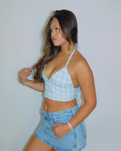 Baby Blue Tie-Back Palaka Halter Top