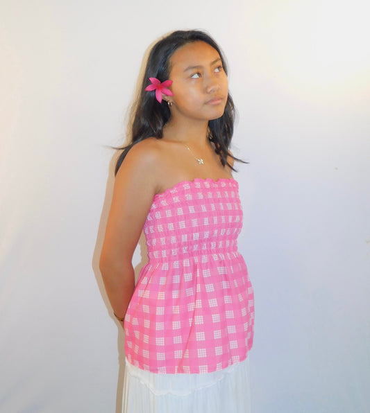 Hot Pink Baby Doll Poly-Cotton Palaka Print Top