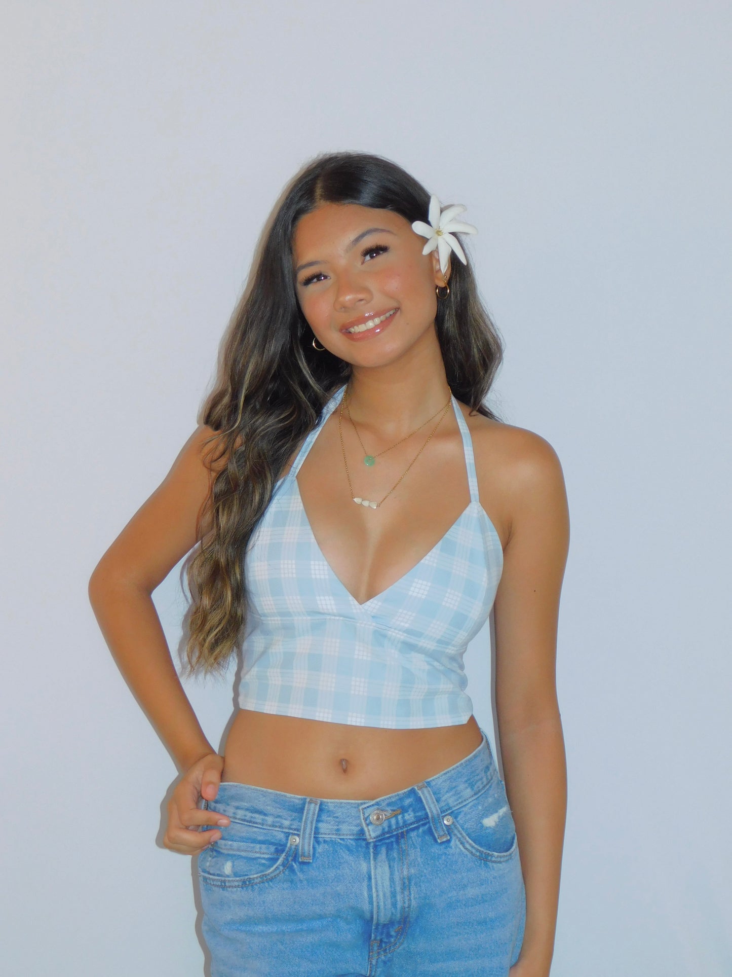 Baby Blue Tie-Back Palaka Halter Top