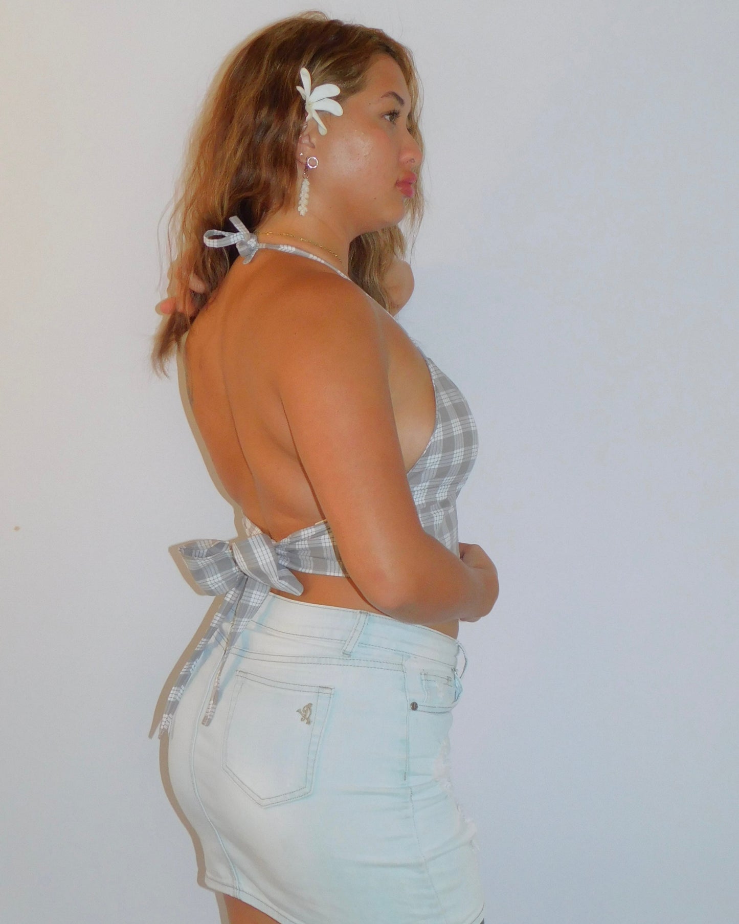 Grey Tie-Back Palaka Halter Top